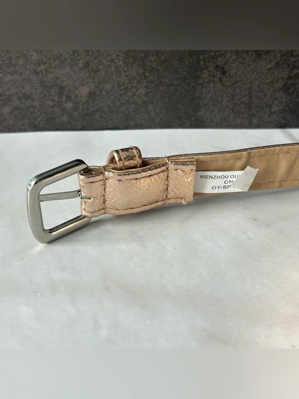 Metallic Rose Gold Slim Leather Belt with Silver Buckle